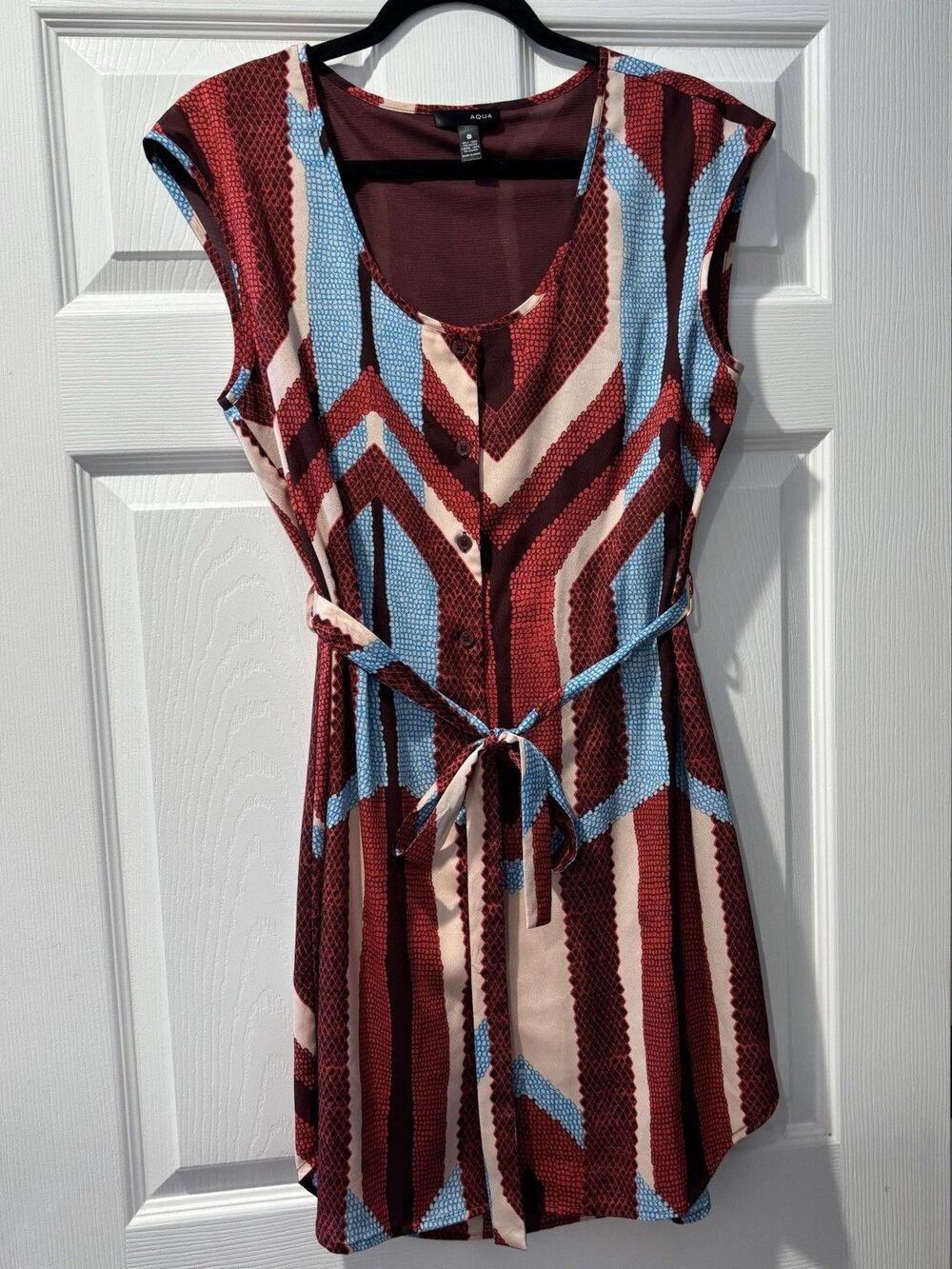 Women’s Aqua Dress Size M Red & Blue Print Button Up Tie Waist Short Sleeve